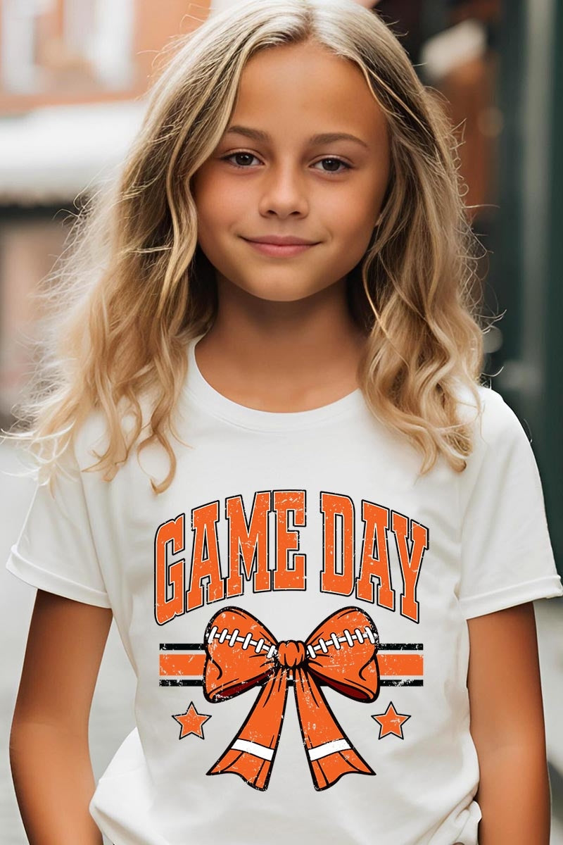 US3001Y-E3064Z Orange Game Day Football Bow Kids Graphic Tee $11
