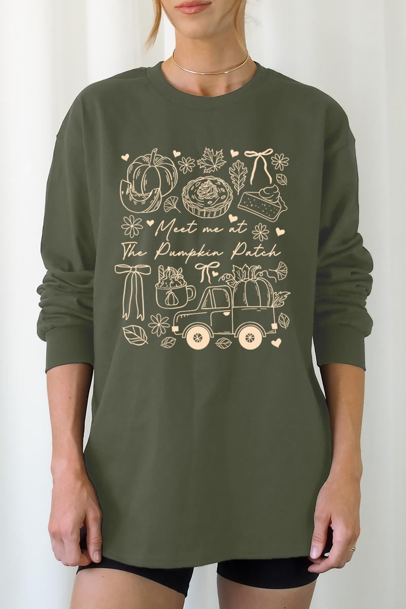UL240-E3163 Pumpkin Patch Doodle Graphic Long Sleeve Tee $13.75