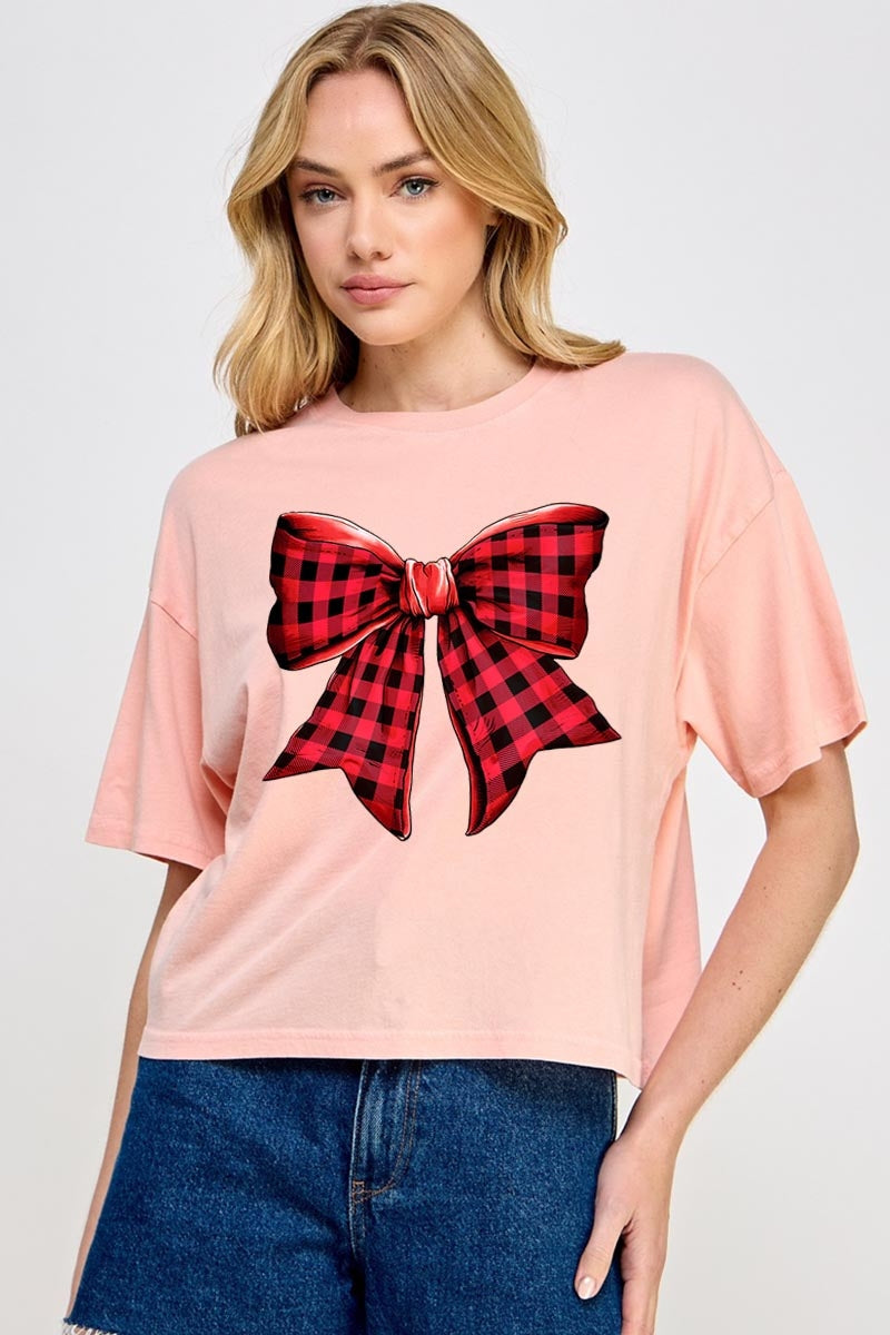 CTS-E3198 Red Buffalo Plaid Bow Graphic Relaxed Crop Top $11