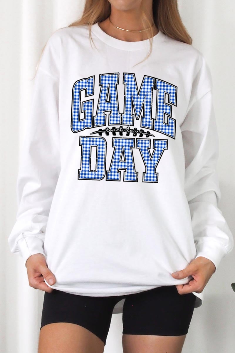 UL240P-E3130 Blue Gingham Game Day Graphic Plus Long Sleeve Tee $17