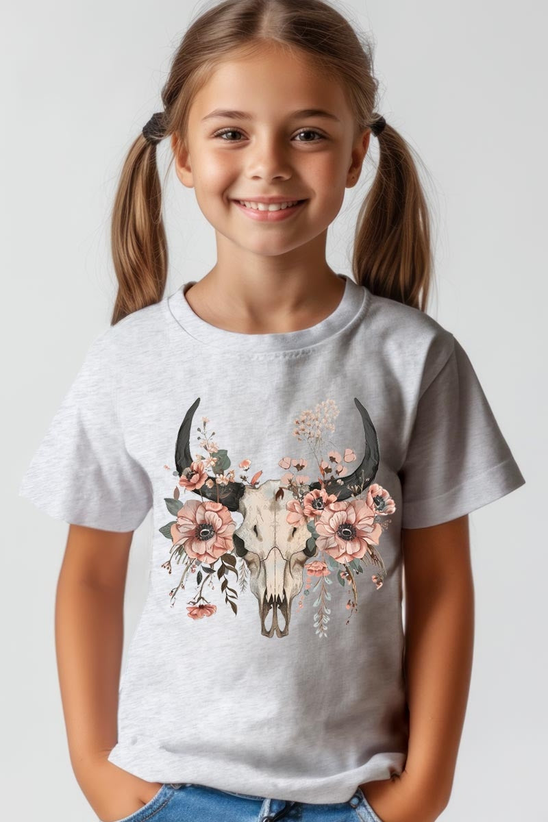 US3001Y-E3113Z Western Skull Floral Kids Graphic Tee $11
