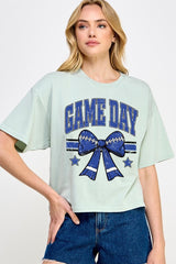 CTS-E3065 Blue Game Day Football Bow Graphic Crop Top $11