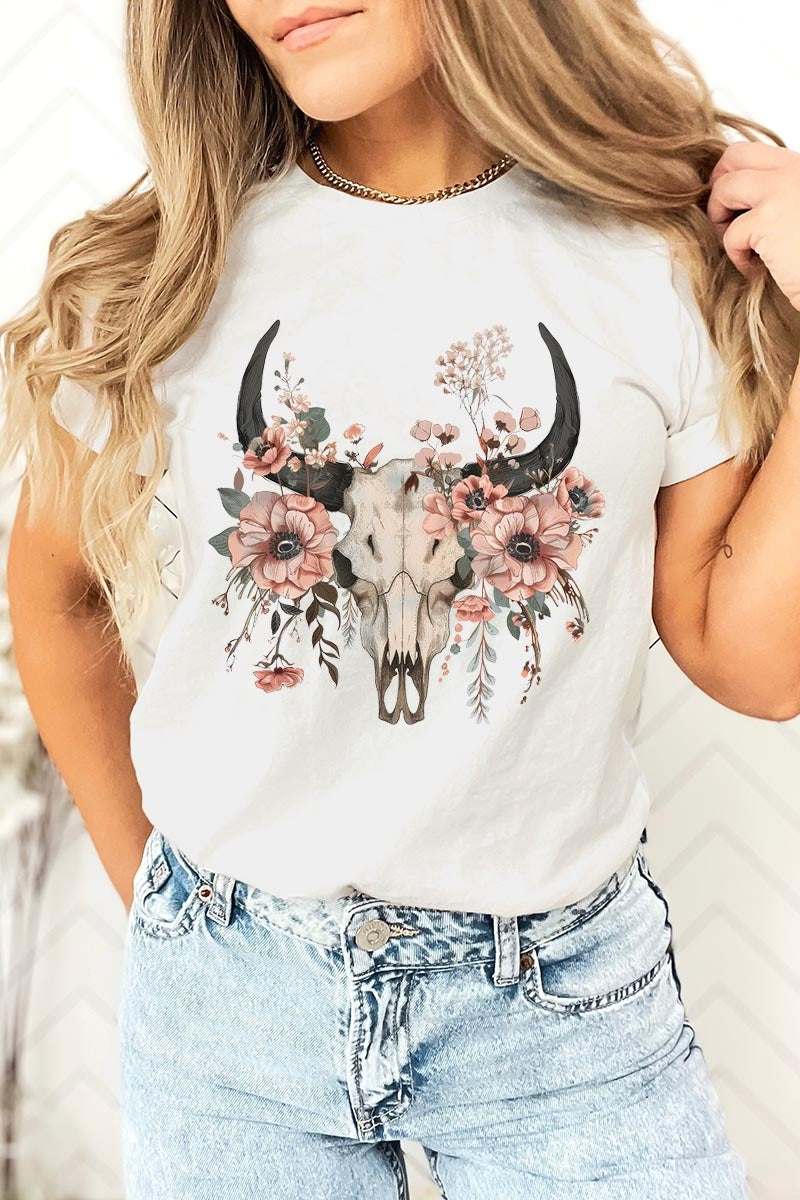 US3001-E3113 Western Skull Floral Graphic Tee $12.5