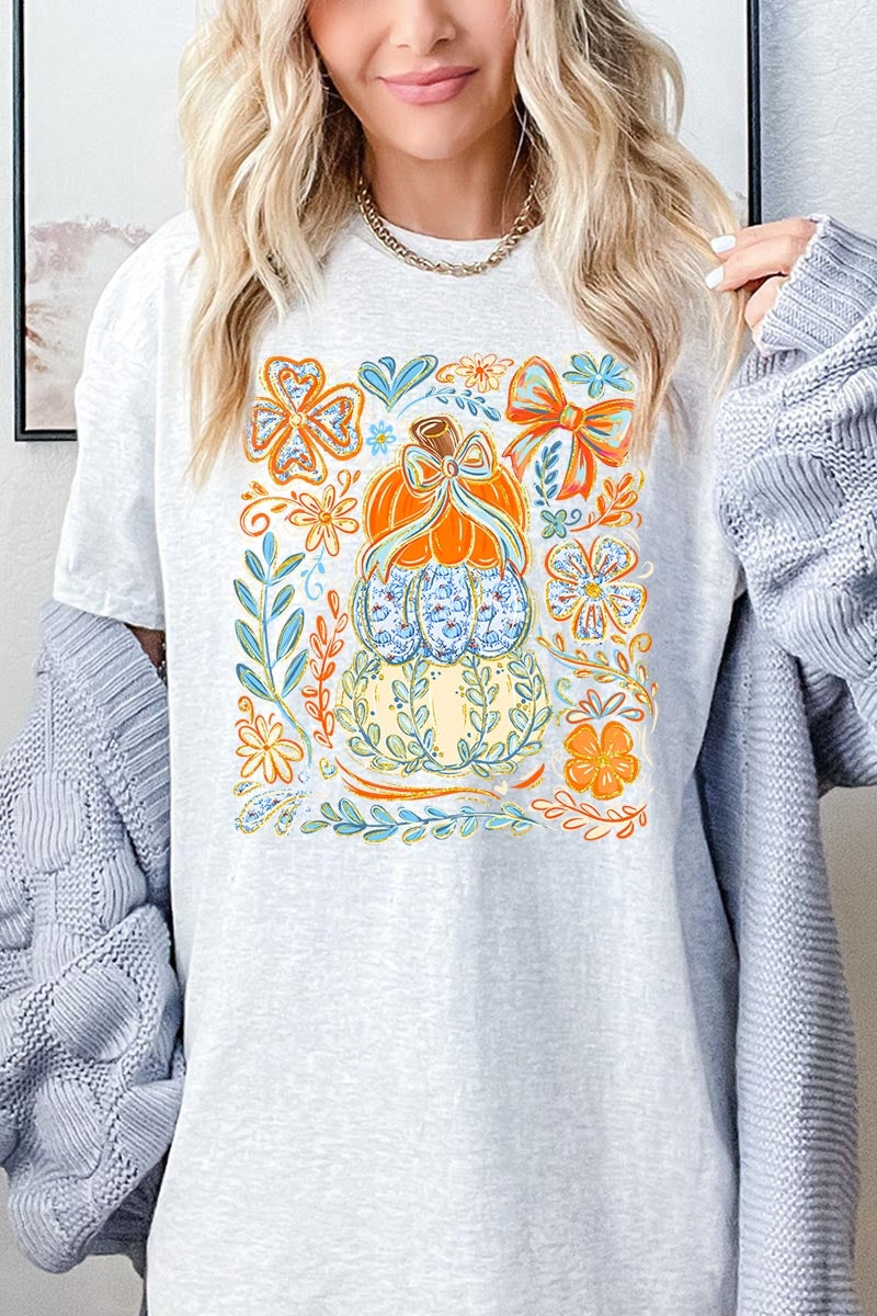 5000-E3153 Floral Pumpkin Stack Graphic Heavy Cotton Tee $9