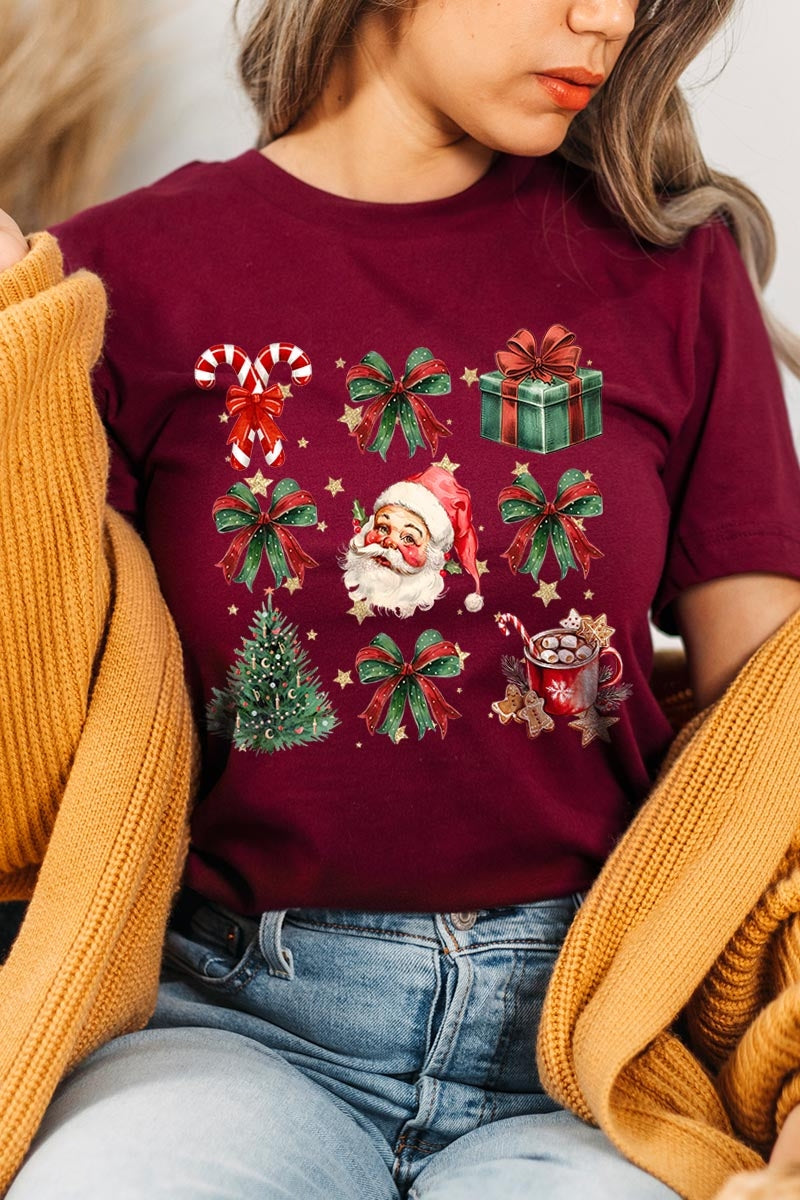 US3001-E3217 Santa Gifts & Bows Christmas Graphic Tee $12.5