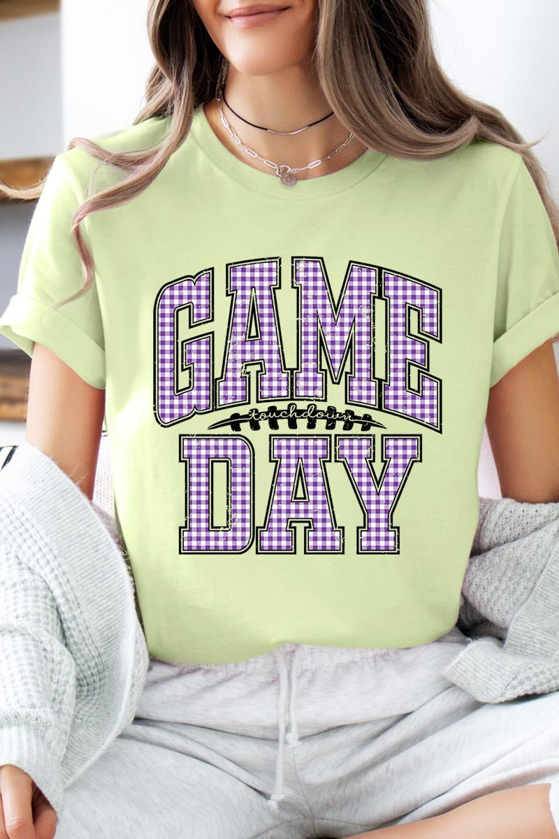 US3001-E3127 Purple Gingham Game Day Graphic Tee $12.5
