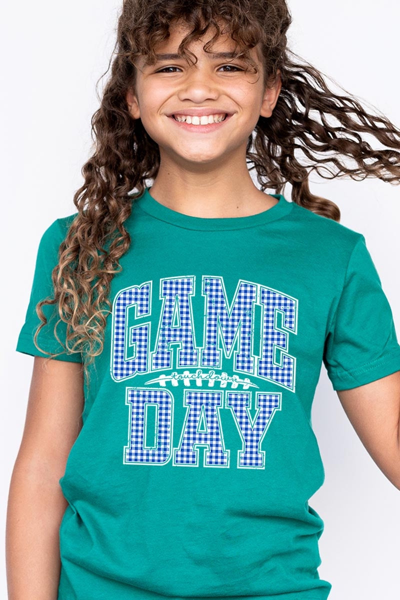 US3001Y-E3130Z Blue Gingham Game Day Kids Graphic Tee $11