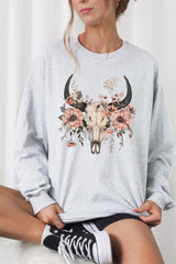 UL240-E3113 Western Skull Floral Graphic Long Sleeve Tee $13.75