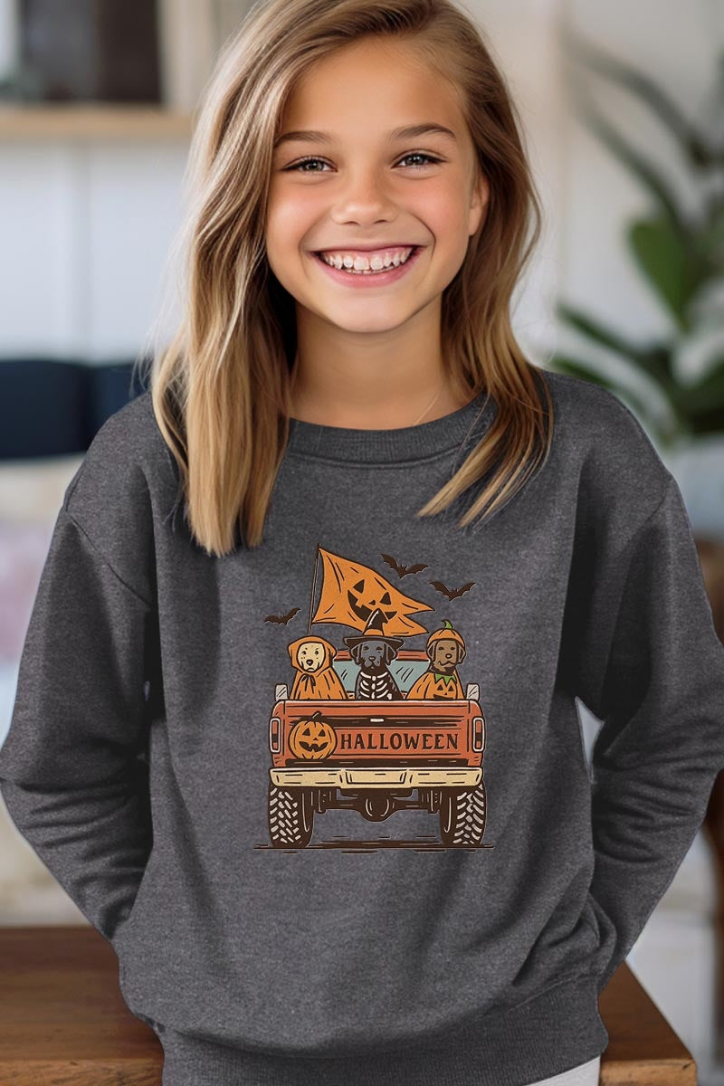 UL180B-E3150Z Halloween Truck Dogs Kids Graphic Sweatshirt $20
