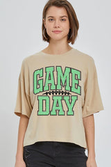 CTS-E3128 Green Gingham Game Day Graphic Relaxed Crop Top $11