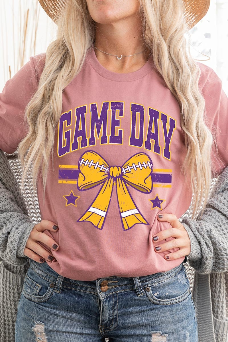 US3001-E3063 Purple Game Day Football Bow Graphic Tee $12.5