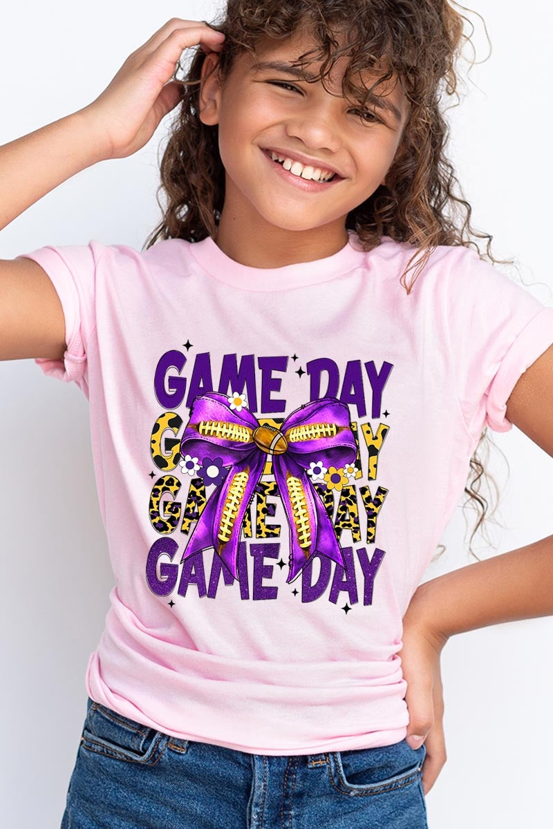 US3001Y-E3092Z Purple Yellow Football Game Day Bow Kids Tee $11