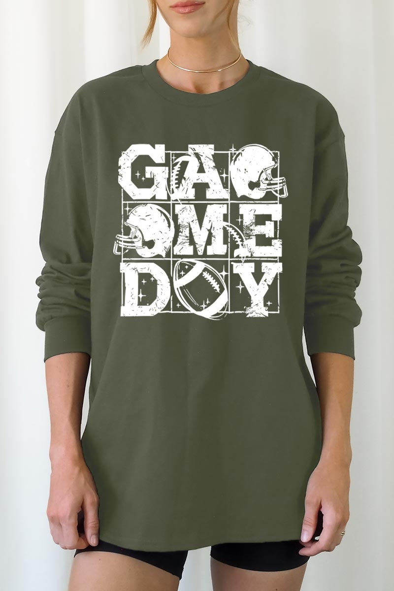 UL240P-E3073 Distressed Game Day Graphic Plus Long Sleeve Tee $17