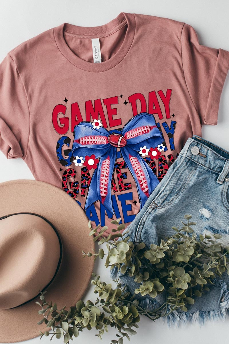 US3001-E3087 Red Blue Football Game Day Bow Graphic Tee $12.5