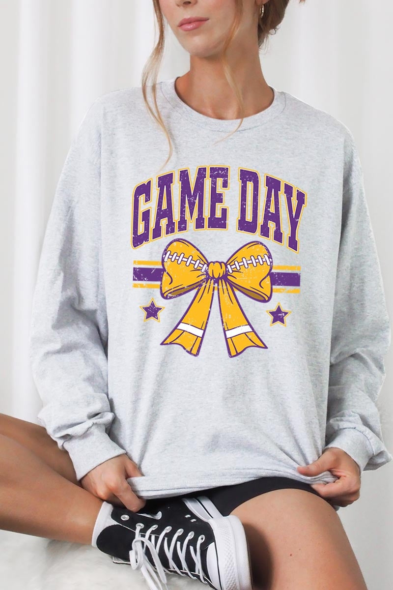 UL240-E3063 Purple Game Day Football Bow Long Sleeve Tee $13.75