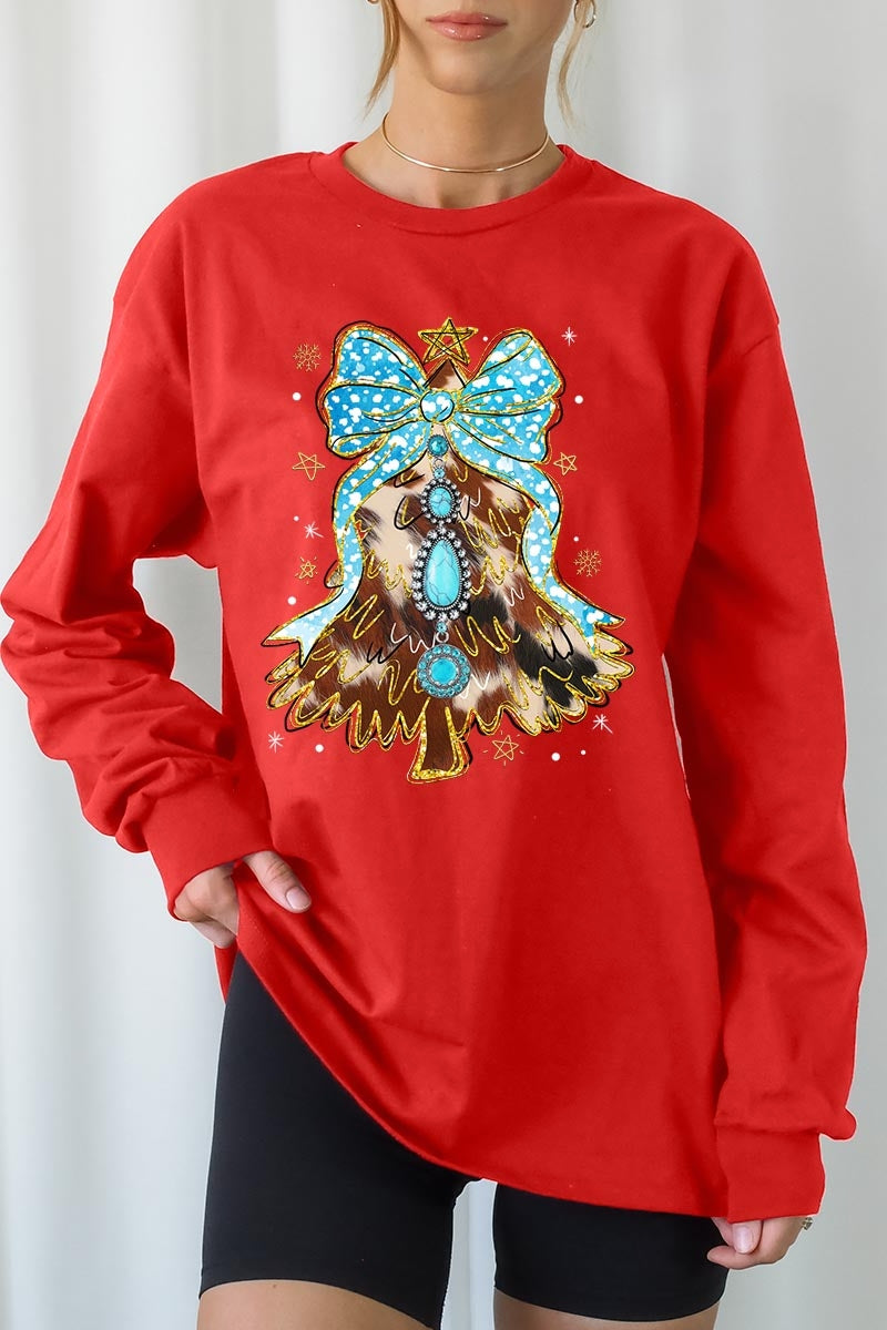 UL240-E3184 Turquoise Christmas Tree Graphic Long Sleeve Tee $13.75
