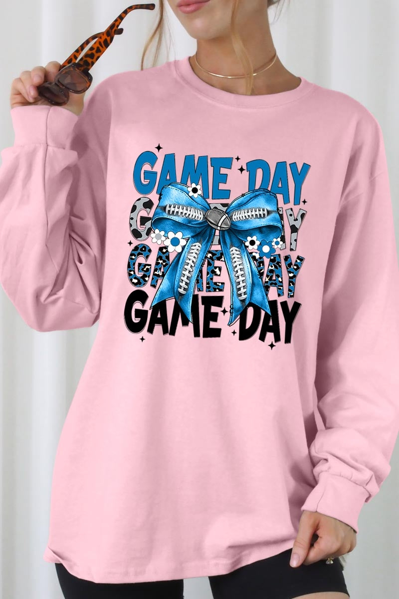 UL240-E3089 Blue Silver Football Game Day Bow Long Sleeve Tee $13.75