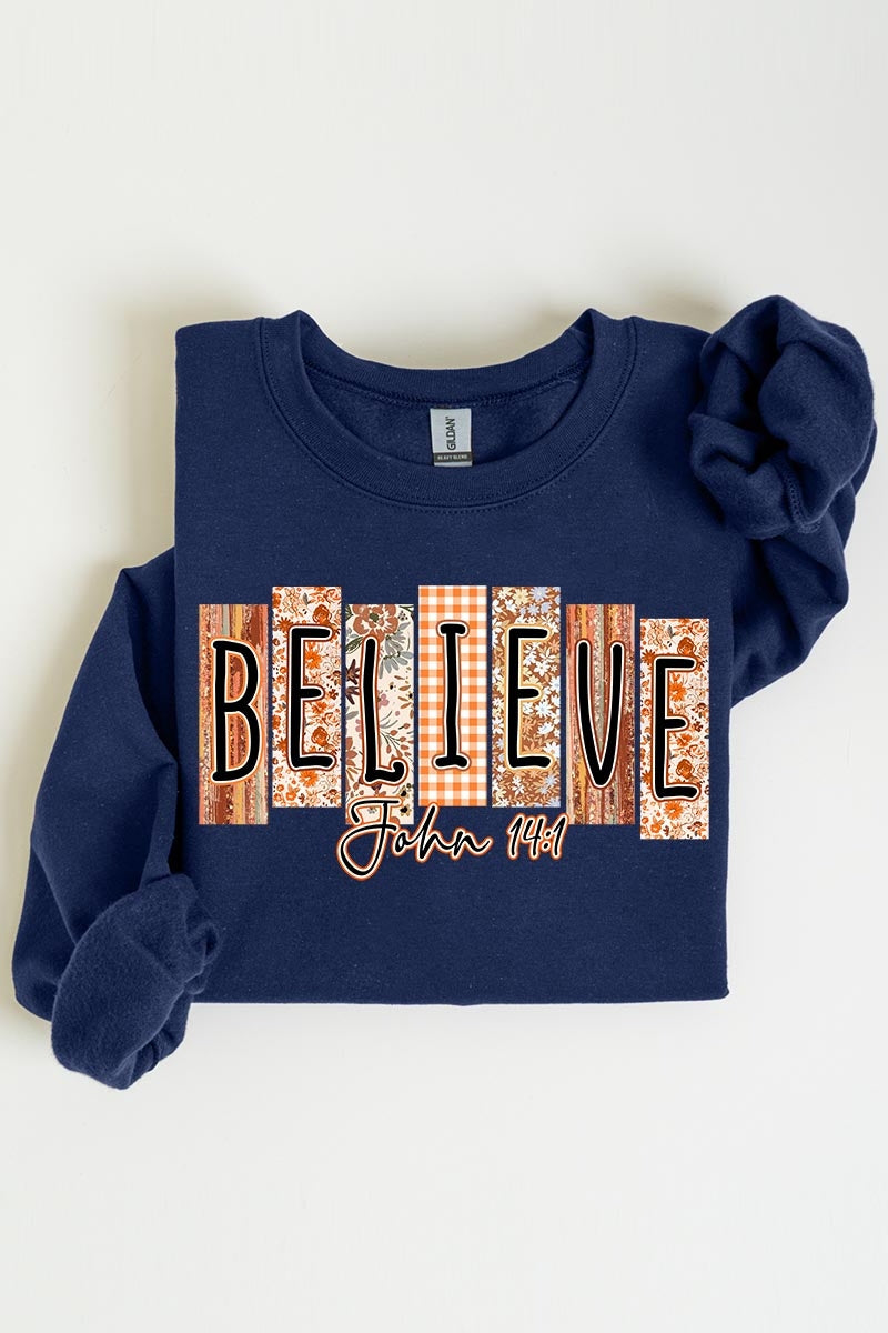 UL180P-E3167 Believe Fall Christian Graphic Plus Sweatshirt $25
