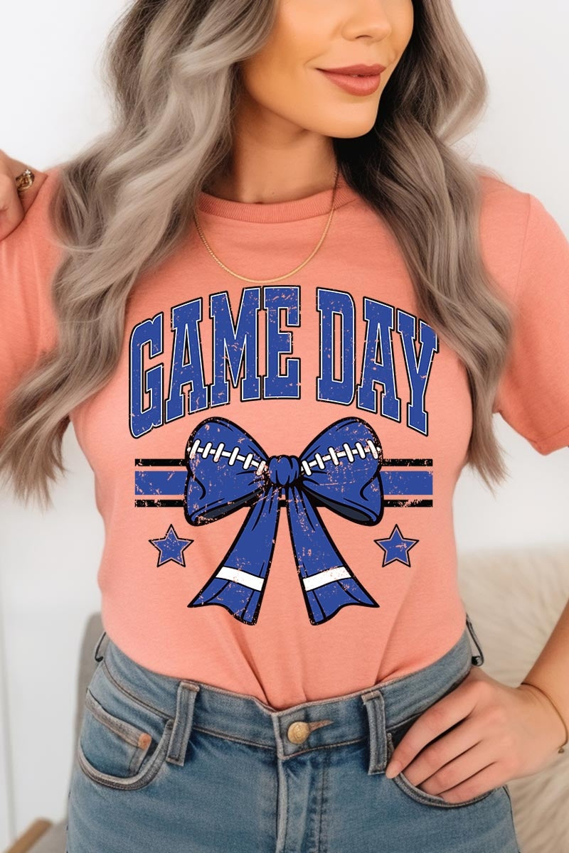 US3001-E3065 Blue Game Day Football Bow Graphic Tee $12.5