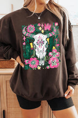 UL180-E3086 Western Floral Cow Skull Graphic Sweatshirt $20