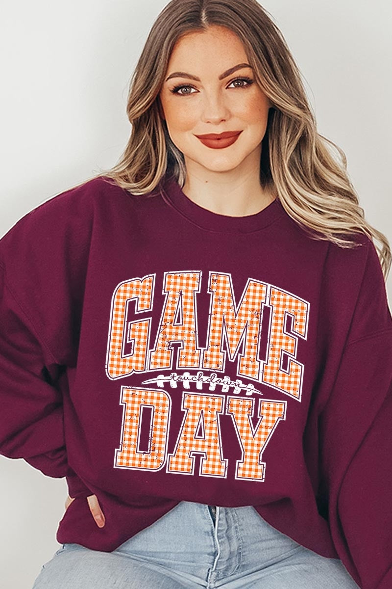 UL180P-E3129 Orange Gingham Game Day Graphic Plus Sweatshirt $25