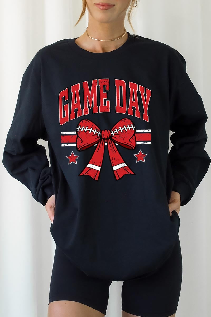UL240P-E3062 Red Game Day Football Bow Plus Long Sleeve Tee $17