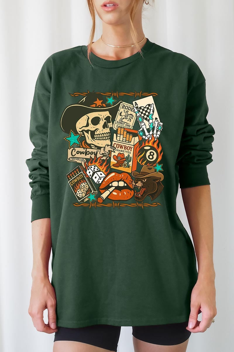 UL240-E3096 Vintage Western Collage Graphic Long Sleeve Tee $13.75