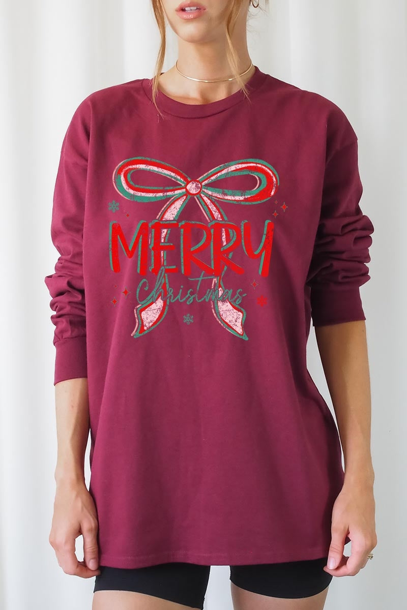 UL240-E3197 Merry Christmas Bow Graphic Long Sleeve Tee $13.75