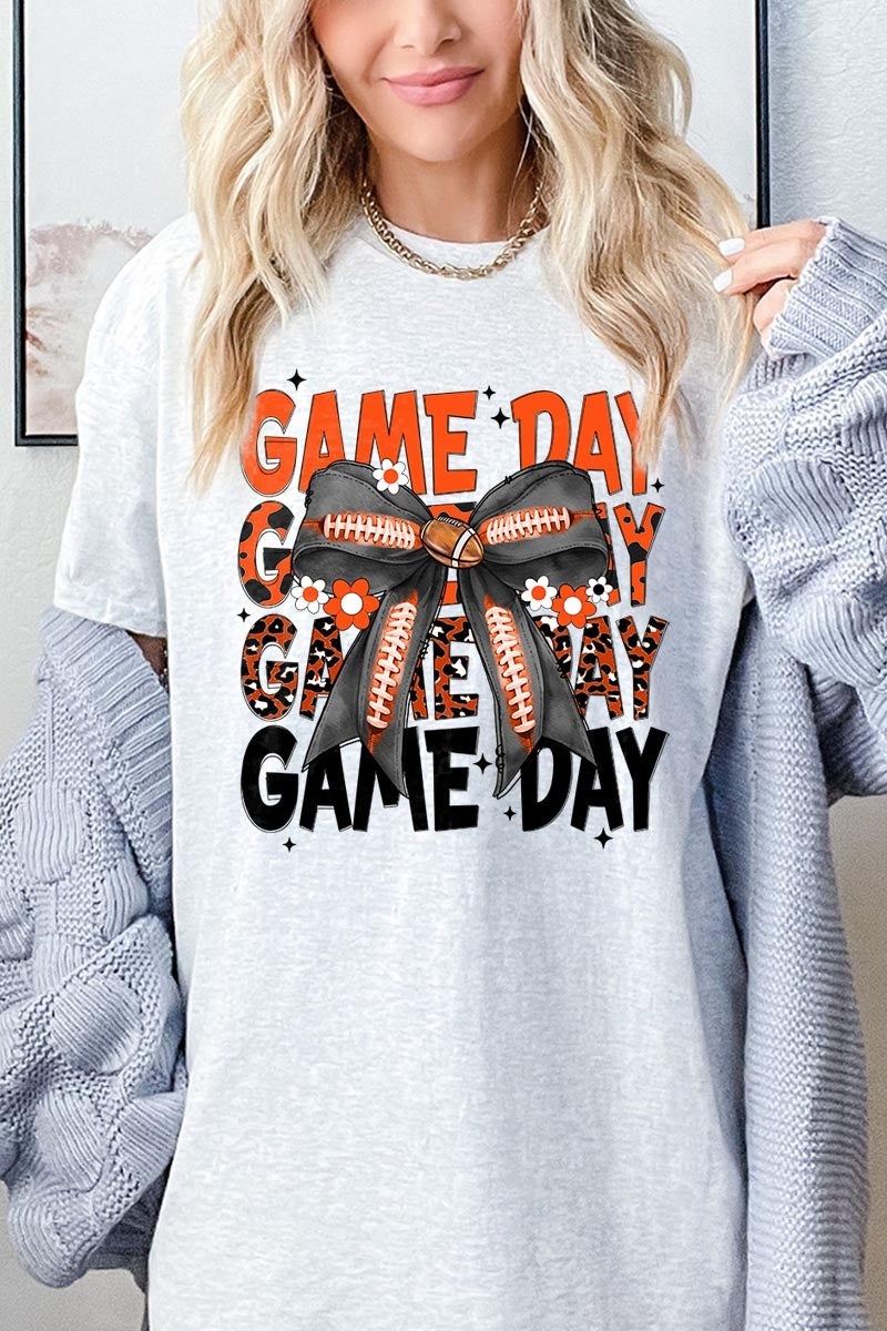 5000P-E3088 Orange Black Football Bow Plus Heavy Cotton Tee $12.75