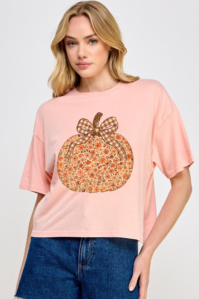 CTS-E3135 Floral Fall Pumpkin Graphic Relaxed Crop Top $11