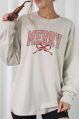 UL240-E3206 Plaid Merry Christmas Bow Graphic Long Sleeve Tee $13.75