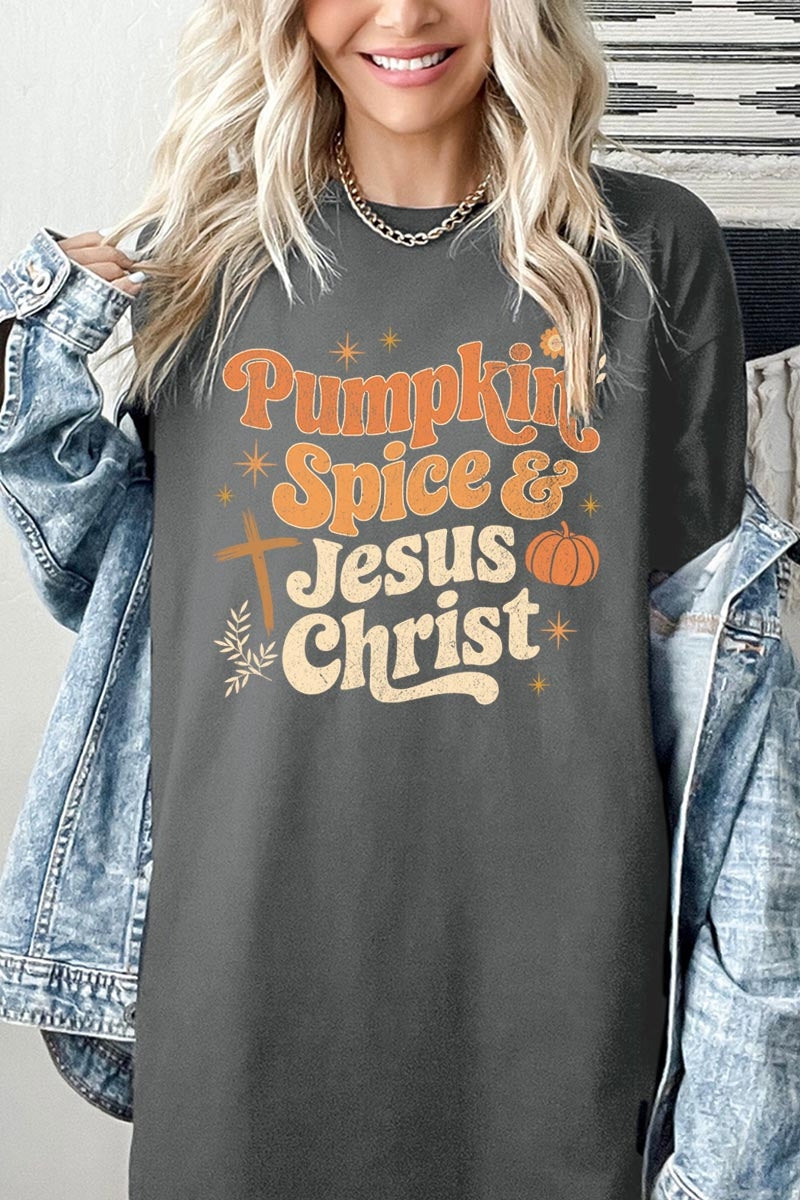 5000-E3164 Pumpkin Spice & Jesus Graphic Heavy Cotton Tee $9
