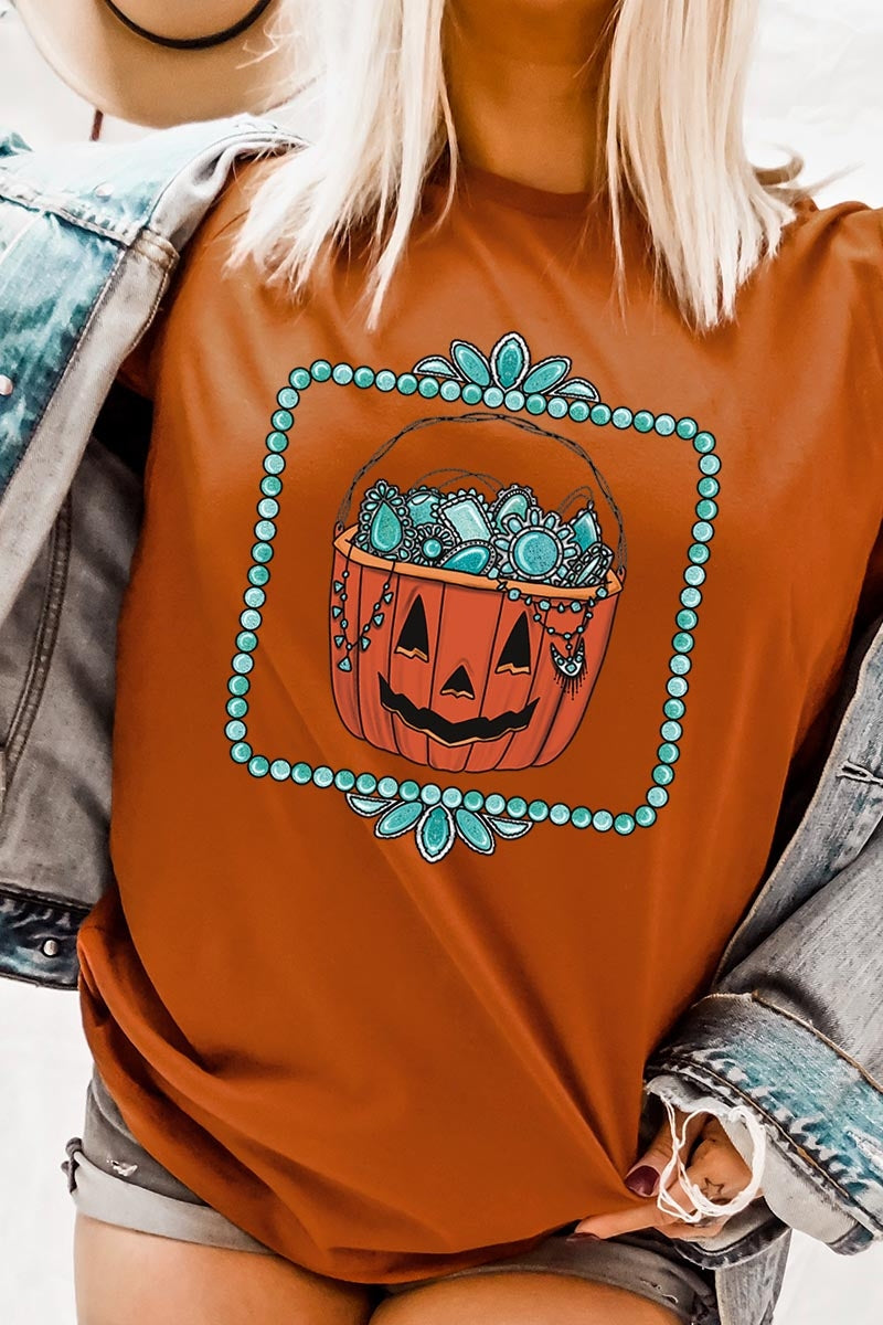 US3001P-E3140 Halloween turquoise pumpkin Graphic Plus Tee $16