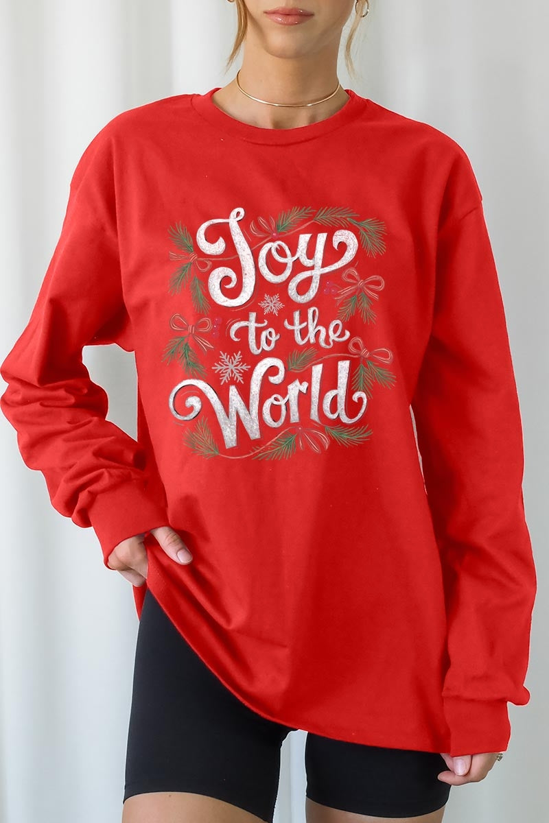UL240-E3221 Joy to the World Christmas Graphic Long Sleeve Tee $13.75