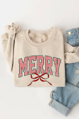 UL180-E3206 Plaid Merry Christmas Bow Graphic Sweatshirt $20