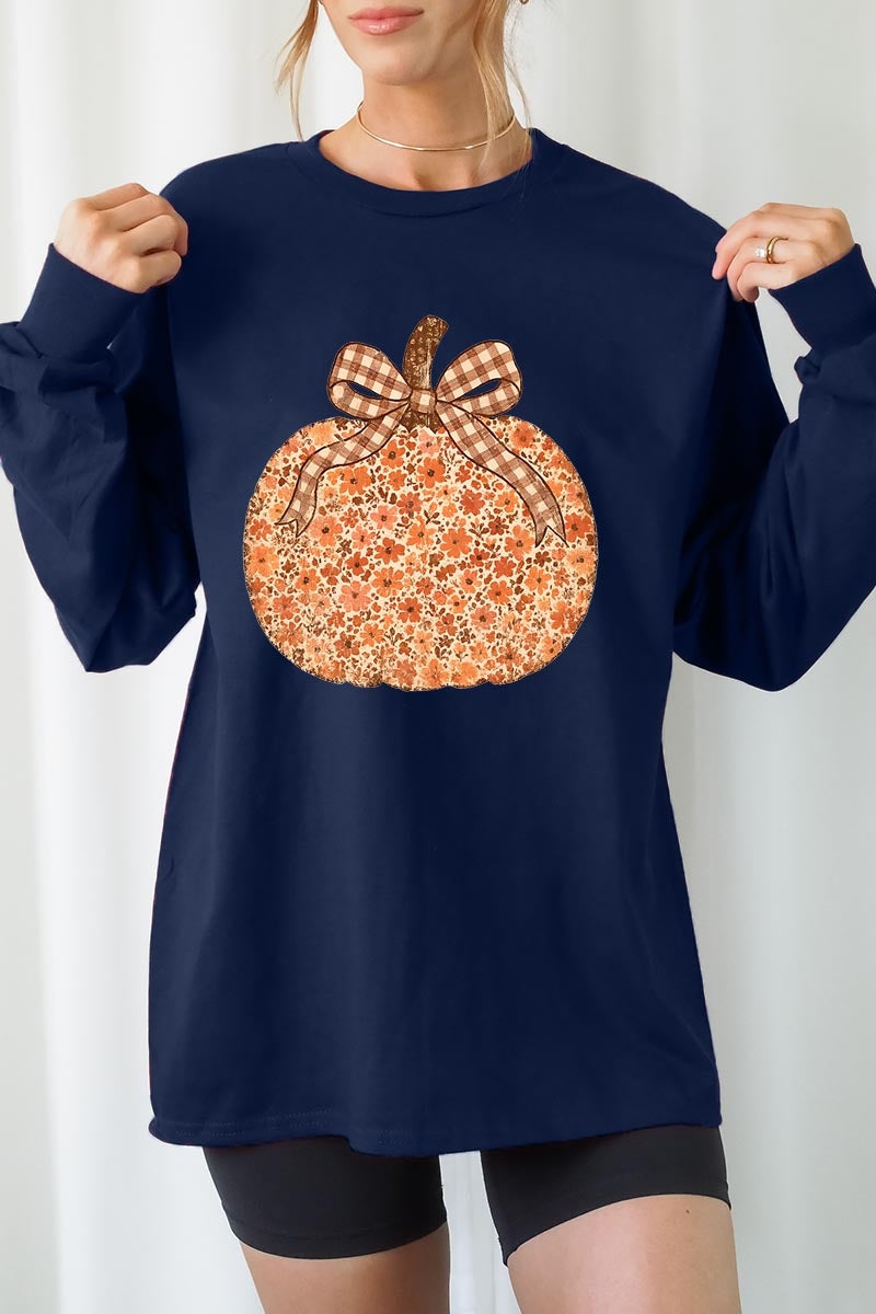 UL240-E3135 Floral Fall Pumpkin Graphic Long Sleeve Tee $13.75