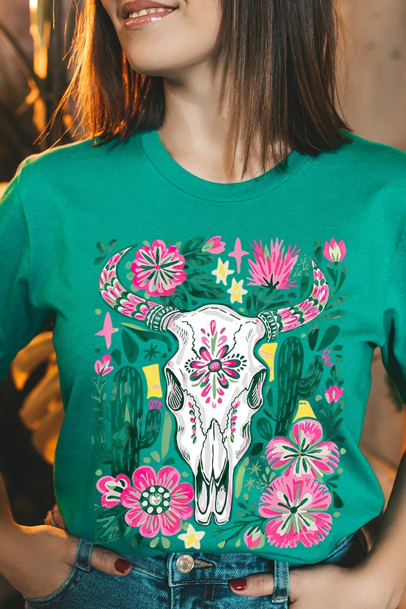 US3001-E3086 Western Floral Cow Skull Graphic Tee $12.5