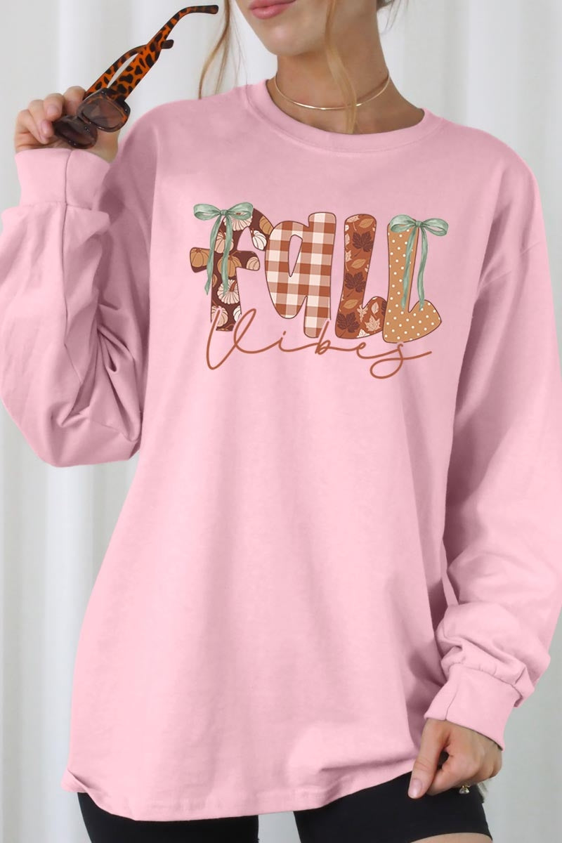UL240-E3071 Fall Vibes Rustic Script Graphic Long Sleeve Tee $13.75