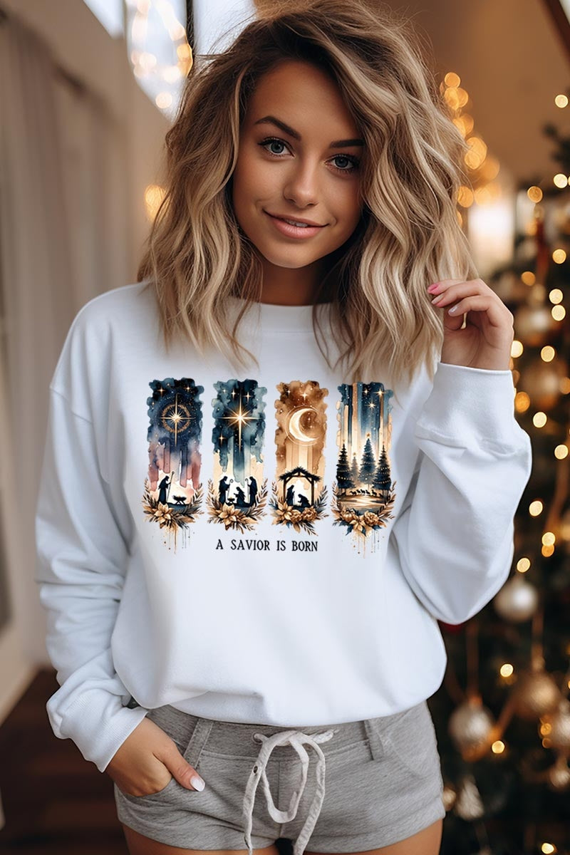 UL180P-E3204 Savior Is Born Nativity Graphic Plus Sweatshirt $25