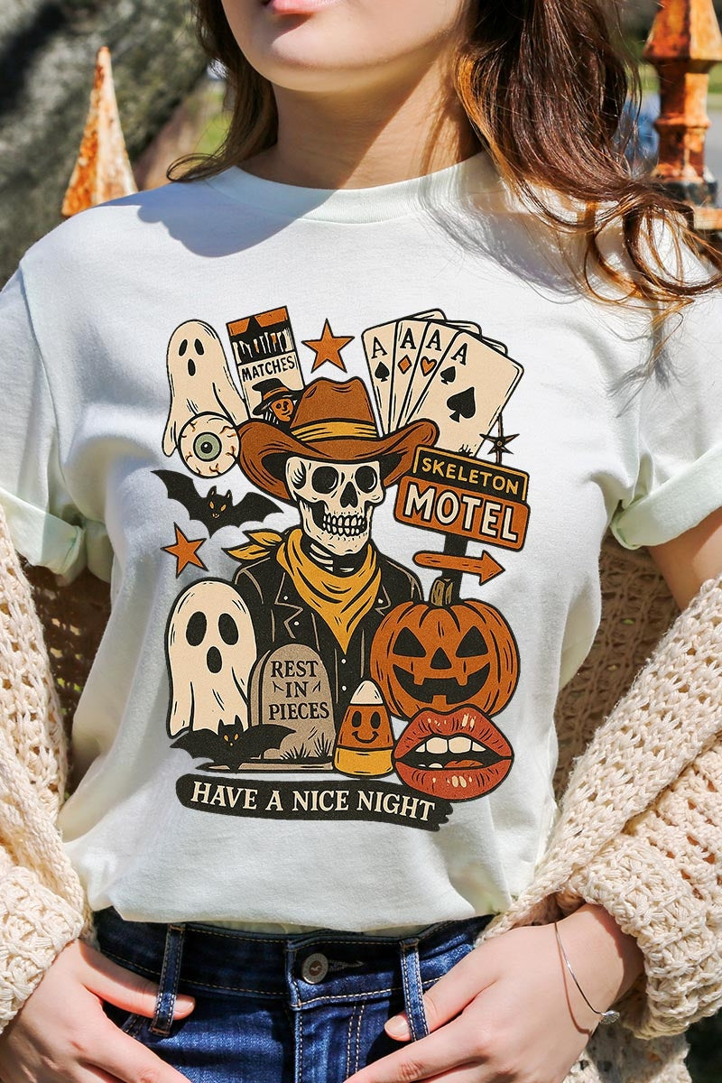 US3001-E3107 Spooky Western Skeleton Graphic Tee $12.5