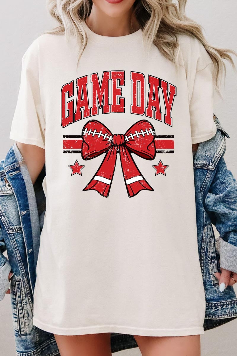 5000-E3062 Red Game Day Football Bow Graphic Heavy Cotton Tee $9