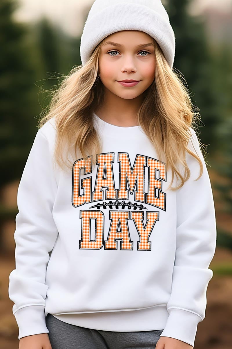 UL180B-E3129Z Orange Gingham Game Day Kids Graphic Sweatshirt $20