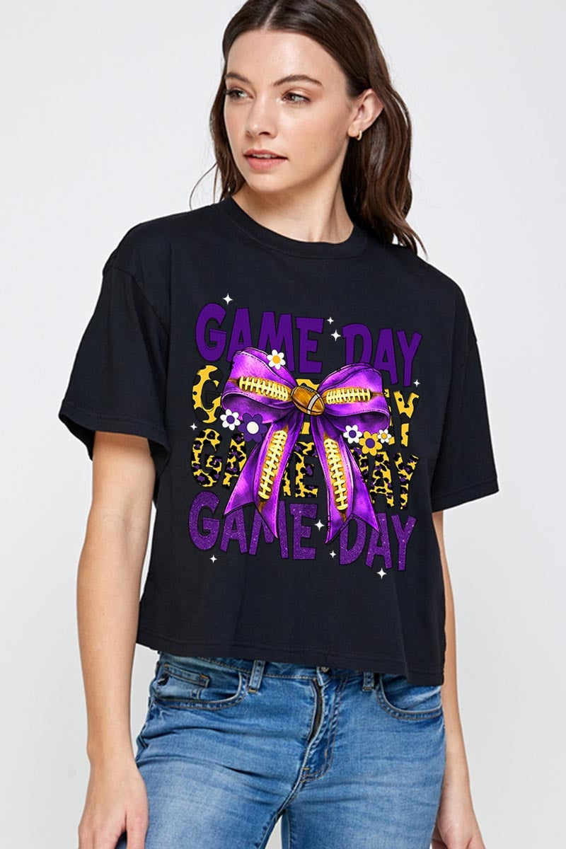 CTS-E3092 Purple Football Game Day Bow Relaxed Crop Top $11