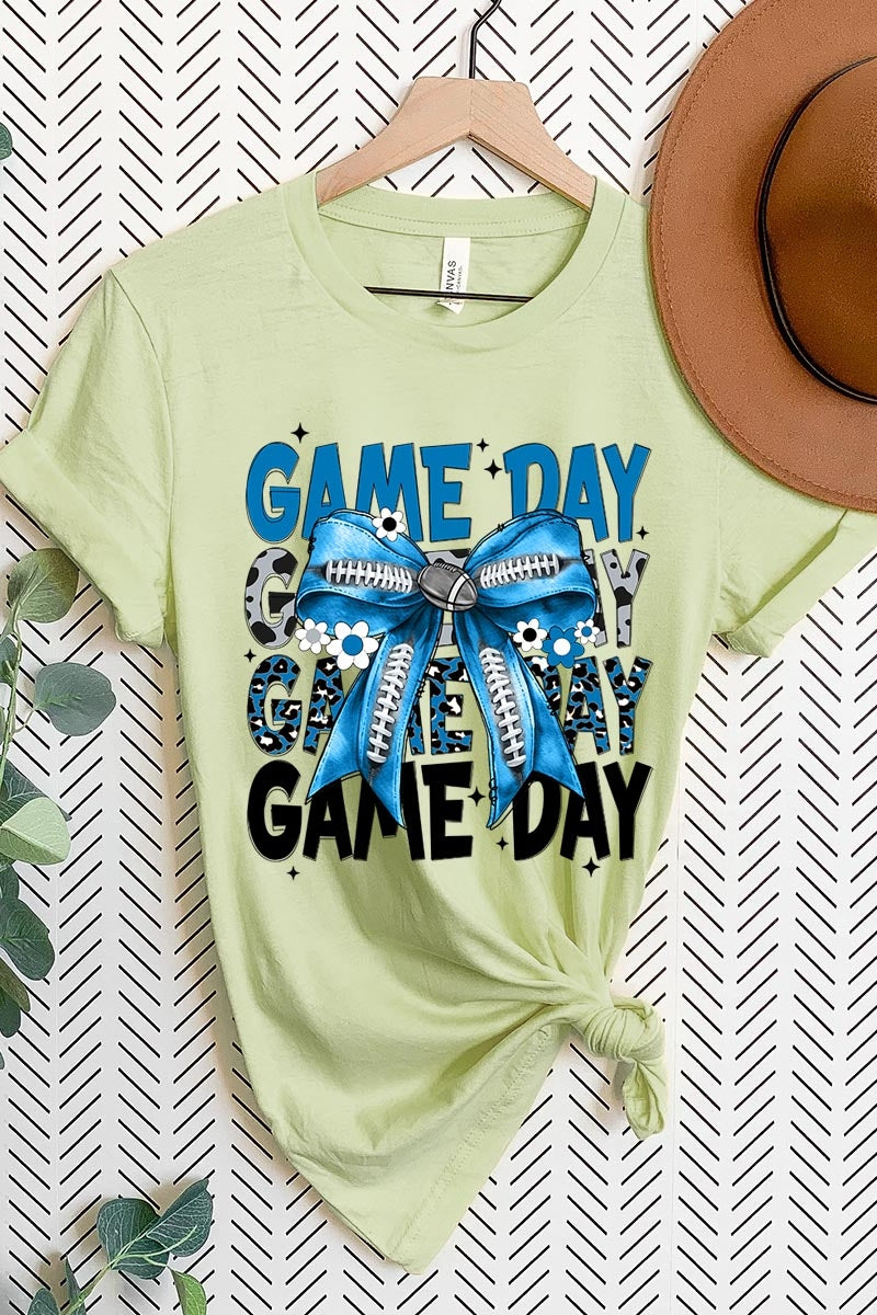 US3001-E3089 Blue Silver Football Game Day Bow Graphic Tee $12.5