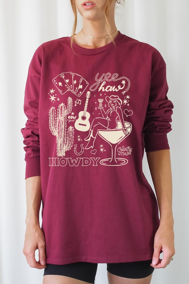 UL240-E3097 Cowgirl Country Music Graphic Long Sleeve Tee $13.75