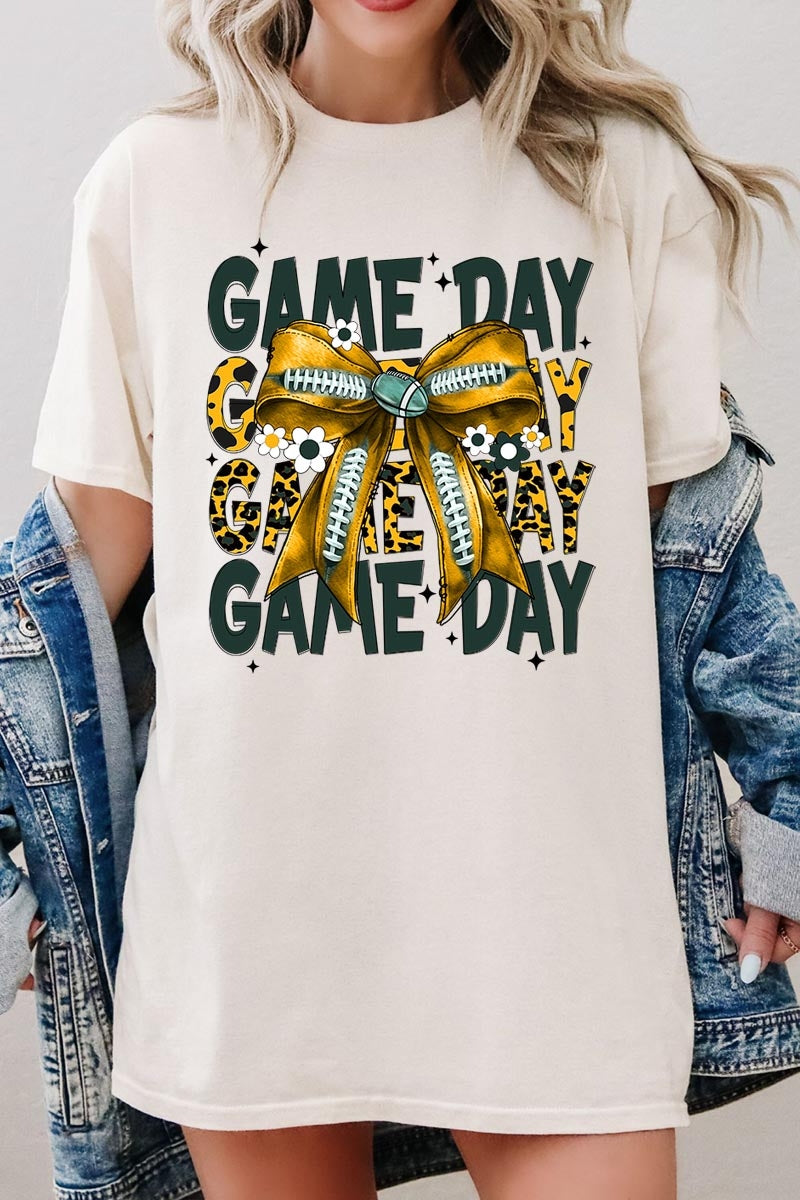 5000-E3090 Yellow Football Game Day Bow Heavy Cotton Tee $9