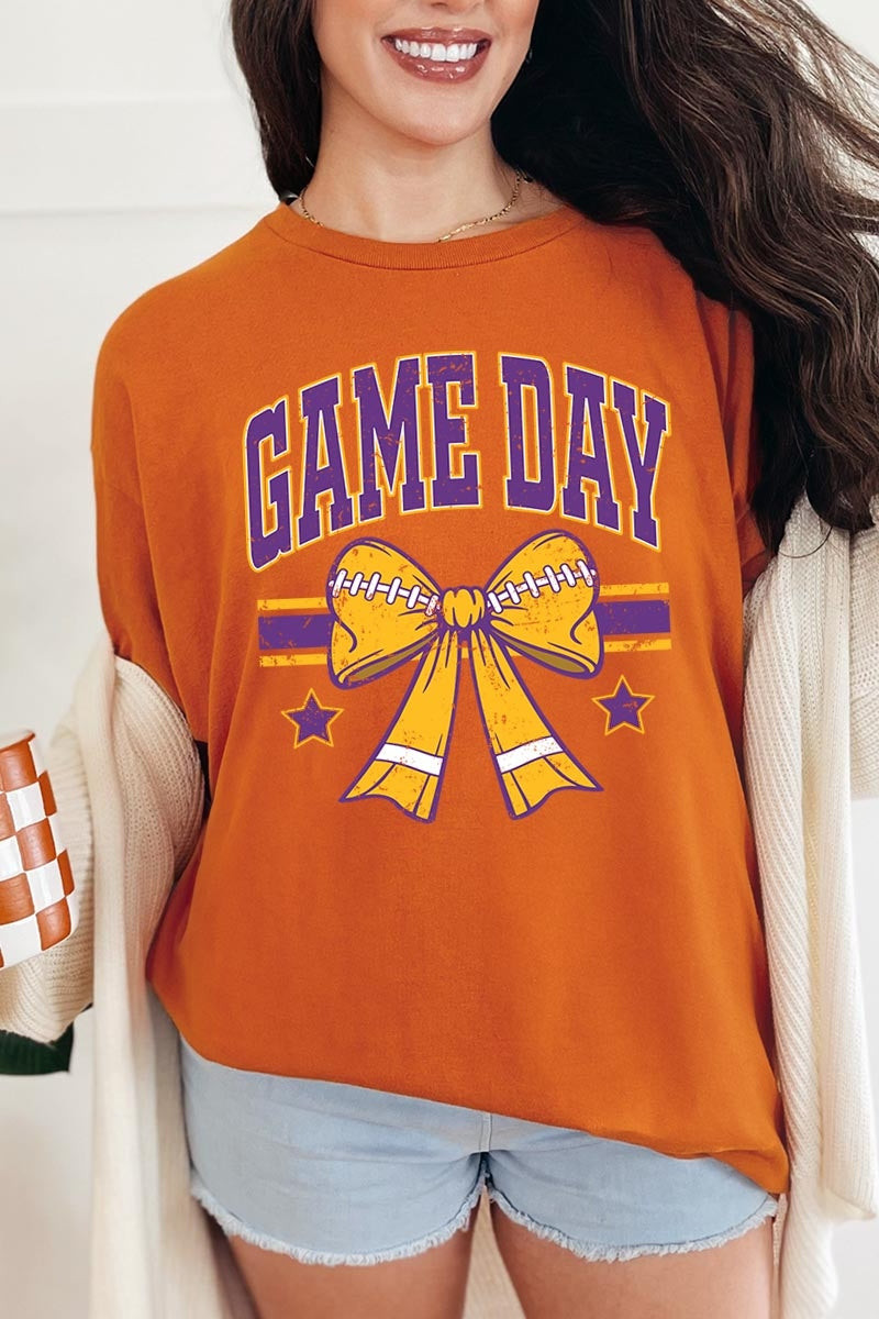 5000-E3063 Purple Football Bow Graphic Heavy Cotton Tee $9