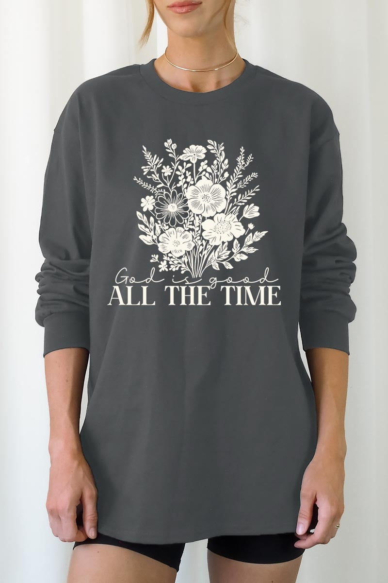 UL240-E3116 God Is Good Floral Graphic Long Sleeve Tee $13.75