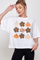 CTS-E3117 Pumpkins & Flowers Fall Graphic Relaxed Crop Top $11