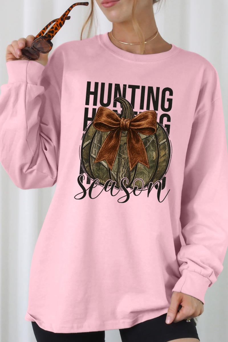 UL240-E3190 Hunting Pumpkin Bow Graphic Long Sleeve Tee $13.75
